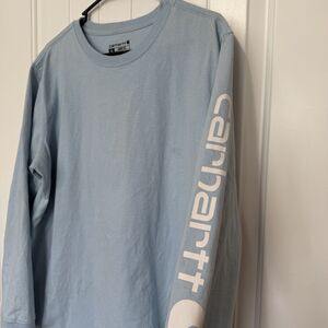 Carhartt Long Sleeve Shirt Men’s XL Loose Fit Light Blue Spell Out Cotton